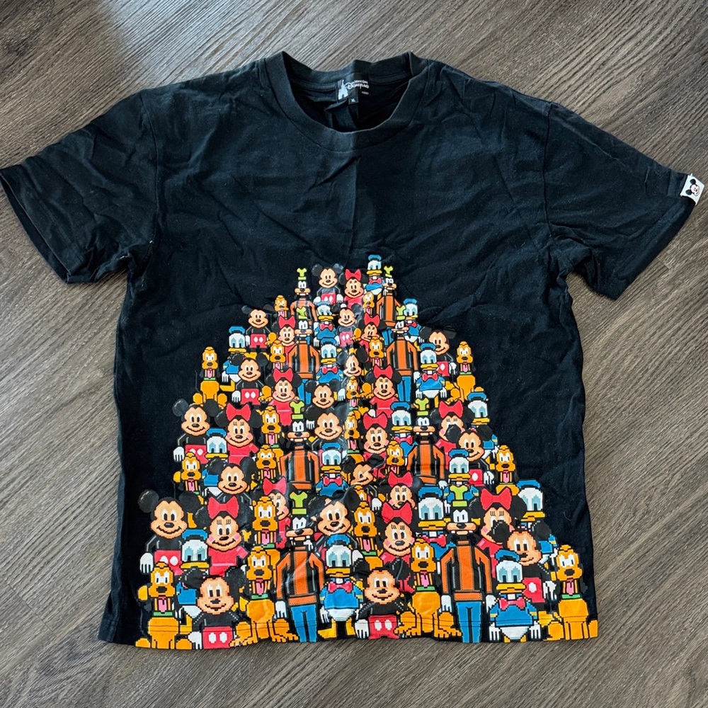 Disney Black T-Shirt with Colorful Character Pyramid. Hong Kong Disneyland